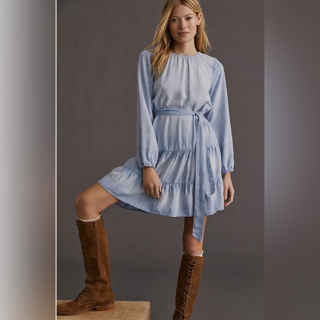 Cloth & Stone Light Blue Tiered Tie-Waist Mini Dress Size Small